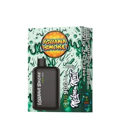 Frasco preto IGUANA SMOKE CBD 900 com embalagem verde de design abstrato
