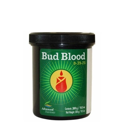 frasco preto de suplemento Bud Blood com rótulo verde e amarelo