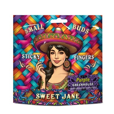 Embalagem colorida com ilustração de mulher com chapéu mexicano e texto promocional