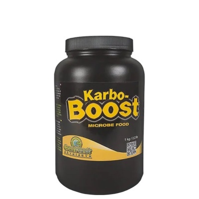Frasco preto de Karbo-Boost Microbe Food com etiqueta preta e amarela