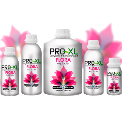 Garrafas brancas com rótulo PRO-XL FLORA exploder e imagem de flor colorida rosa e azul