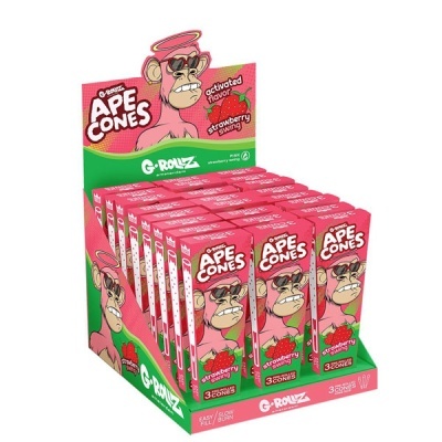 Caixas de cones Ape Cones sabor morango organizadas em expositor verde e rosa