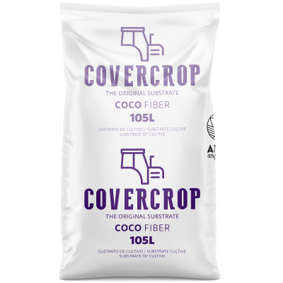 Saco branco de substrato de cultivo Covercrop Coco Fiber 105L com texto em roxo e ilustrações de trator