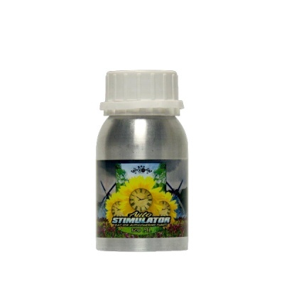 Frasco metálico com tampa branca e etiqueta colorida com flores amarelas e texto Auto STIMULATOR 120 ML