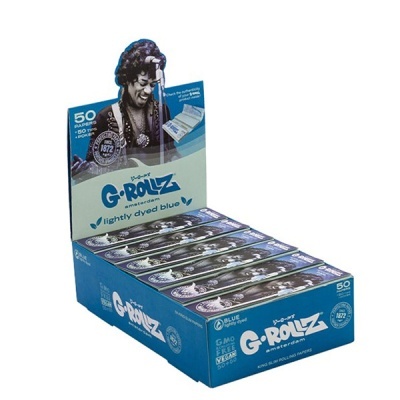 Caixa de papel de enrolar azul G-ROLLZ com imagem de homem a tocar guitarra