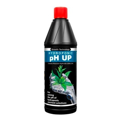 Garrafa preta de plástico com tampa vermelha e rótulo azul e preto Hydroponic pH UP