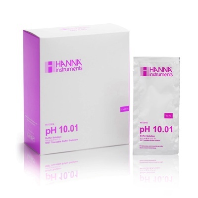 Solução tampão pH 10.01 HANNA instruments em caixa branca e lilás com sache prateado