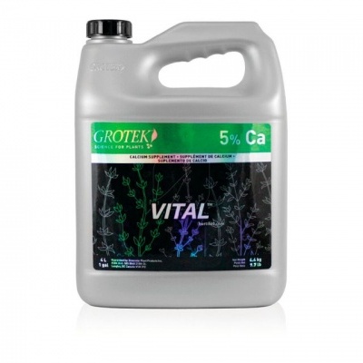 Recipiente cinzento com etiqueta preta e verde do produto VITAL da marca GROTEK