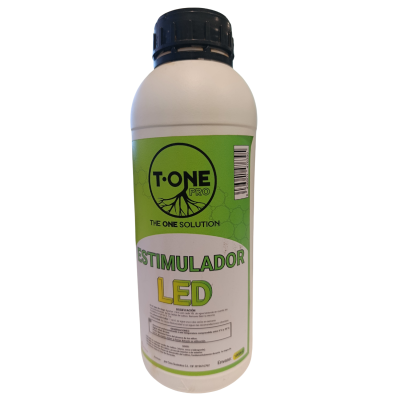 Frasco branco com rótulo verde e branco de estimulador LED T-ONE PRO