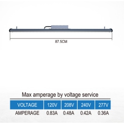 Lâmpada LED tubular de metal com medida 87,5cm e tabela de amperagem por voltagem