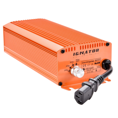 Balastro eletrónico IGNATOR em caixa metálica laranja com conector de cabo preto