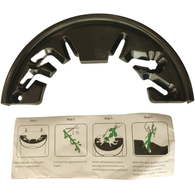 Suporte plástico preto semicircular com instruções ilustradas para corte e manuseio de plantas