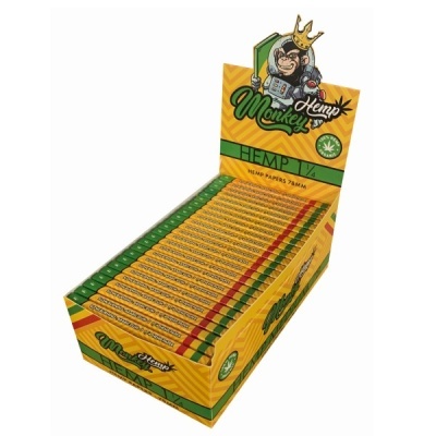 Caixa amarela de papelinhos para enrolar Monkey Hemp com design colorido e selo orgânico