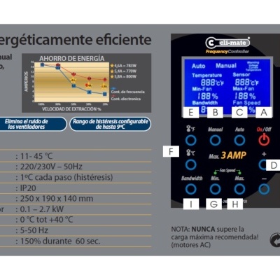 Controlador digital Ccli-mate com display azul e vários botões rotulados em espanhol e português