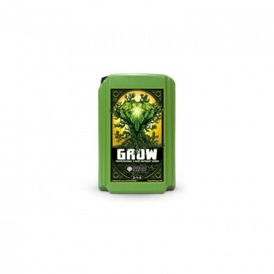 Embalagem verde com rótulo verde-amarelo com desenho de árvore e texto GROW