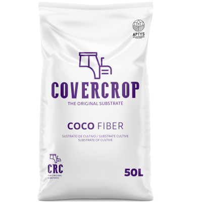 Saco branco de substrato de cultivo Covercrop coco fiber 50L com texto e logótipos roxos