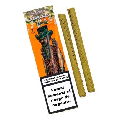 Pacote de Hemp Wraps Terpenes Tangie com 2 enroladores castanhos e ilustração de homem com chapéu e coruja