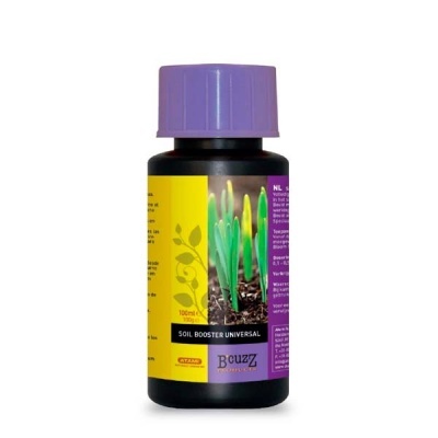 Frasco preto de 100ml com tampa roxa e rótulo colorido de fertilizante