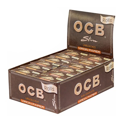 Caixa aberta de cotonetes para enrolar OCB Slim Rolls em embalagem castanha
