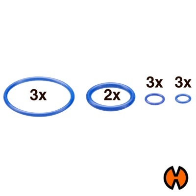 Anéis de vedação azuis de vários tamanhos com quantidades indicadas