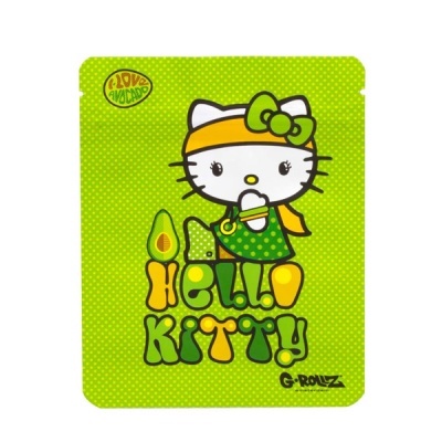 Embalagem verde com personagem Hello Kitty e texto em amarelo e verde
