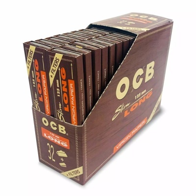 Caixa marrom de papel com 32 unidades de papel para enrolar OCB Slim 125 mm Long com filtros