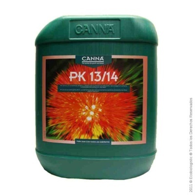 Recipiente verde CANNA PK 13/14 com rótulo colorido e texto em espanhol
