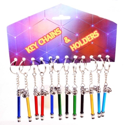 Porta-chaves coloridos pendurados em cartão com texto