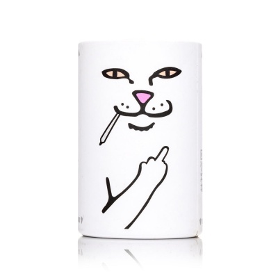 Lata branca com desenho estilizado de gato a fumar e a fazer um gesto rude com a mão