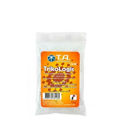 Pacote plástico transparente com pó branco e etiqueta laranja do produto TrikoLogic T.A.