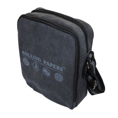 Bolsa de ombro cinzenta com fecho de zip e texto 'ROLLING PAPERS'
