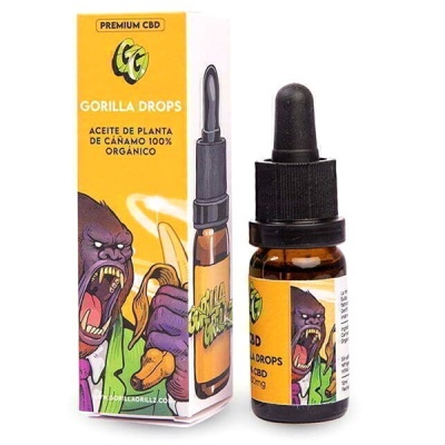 Frasco de óleo Premium CBD Gorilla Drops com embalagem amarela e ilustração de gorila roxo