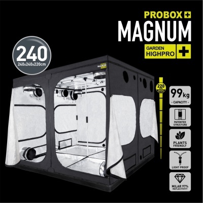 Tenda de cultivo PROBOX MAGNUM GARDEN HIGHPRO 240x240x220cm em preto e prata.