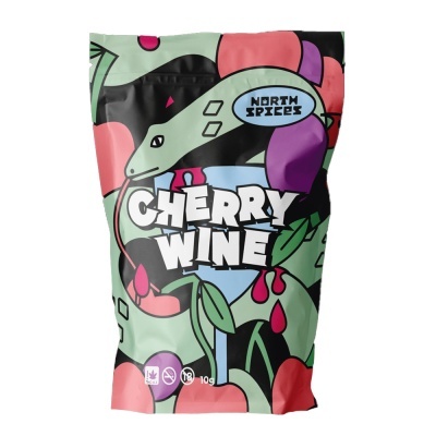 Embalagem colorida de produto com design de frutas e serpente e texto Cherry Wine