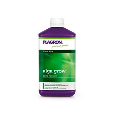 Frasco roxo com etiqueta verde e branca para nutriente básico alga grow da marca Plagron