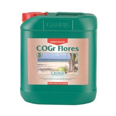 Contentor verde com tampa vermelha e rótulo bege de fertilizante COGR Flores