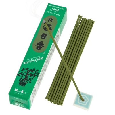 Incenso sálvia verde com caixa verde e suporte cerâmico branco e azul