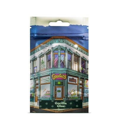 Embalagem plástica com fecho zip para produto Gorilla Glue e ilustração de edifício