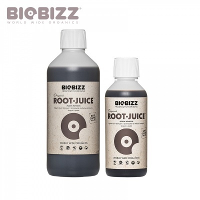 Dois frascos de BIOBIZZ ROOT-JUICE com tampas brancas e rótulos bege e castanho