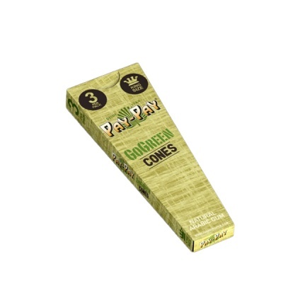 Embalagem verde clara de cones para enrolar com texto PAY-PAY GO GREEN CONES.