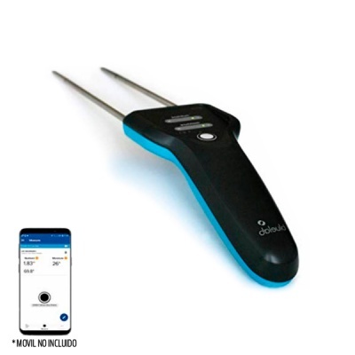 Medidor de humidade de solo preto e azul com sondas metálicas e telemóvel de apoio