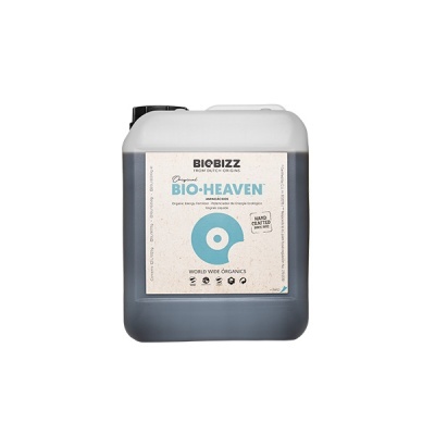 Recipiente de plástico cinza escuro com rótulo branco e azul do fertilizante BioBizz BIO·HEAVEN