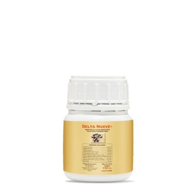 Frasco branco com rótulo amarelo do suplemento DELTA NUEVE