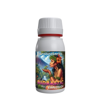 Frasco branco com etiqueta colorida com mulher e lagarto e texto BUDBASTIC EXPLOSION