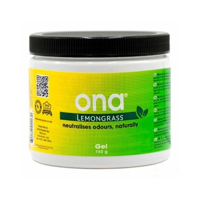 Frasco de gel desodorizante ONA Lemongrass com rótulo verde e amarelo