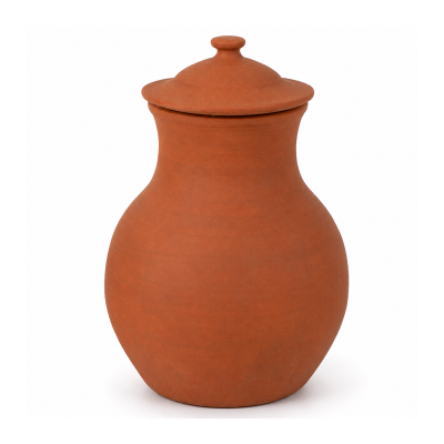 Ânfora de barro vermelho com tampa sobre fundo branco.