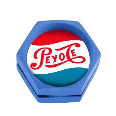 Caixa azul hexagonal com etiqueta colorida e texto PEYOTE