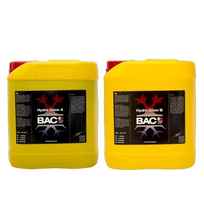 Dois recipientes plásticos amarelos com rótulos Hydro Grow A e B BAC