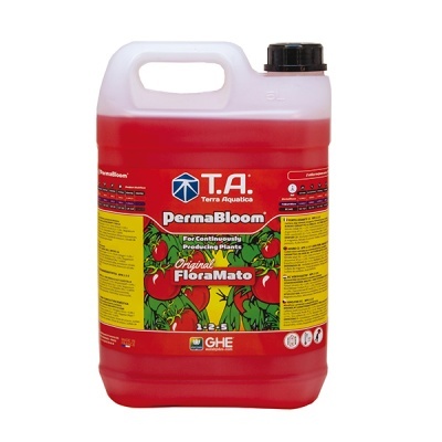 Galão vermelho translúcido com fertilizante PermaBloom FloraMato.