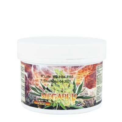 Recipiente branco com rótulo colorido de planta e texto MEGARUD THC